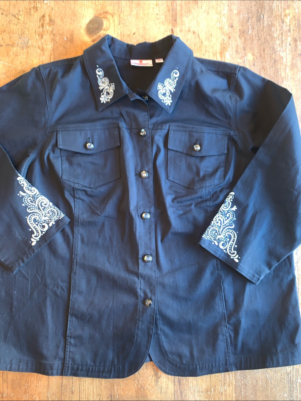 Quaker Factory Black Embroidered Beaded Top - pockets